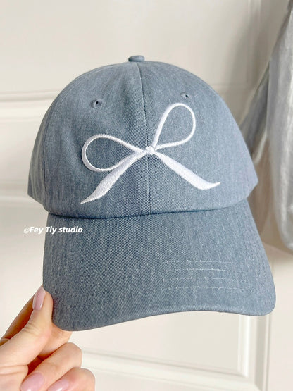 feytiy denim fashionable casual embroidered bow baseball cap for women spring and summer versatile peaked cap curved brim dome