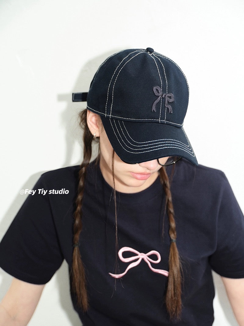 feytiy denim fashionable casual embroidered bow baseball cap for women spring and summer versatile peaked cap curved brim dome