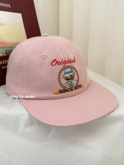 feytiy light pink flat brim cartoon embroidered baseball cap spring and summer sun protection face-shaping small fashionable peaked cap for women