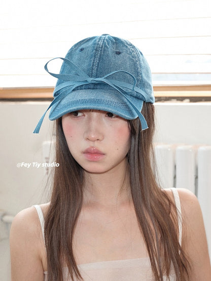 feytiy three-dimensional bow denim baseball cap strap versatile spring and summer sun protection casual Korean ins peaked cap