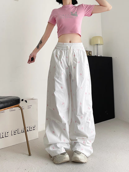 Korean retro butterfly embroidered trousers for women summer new niche design high waist slim casual wide leg straight pants