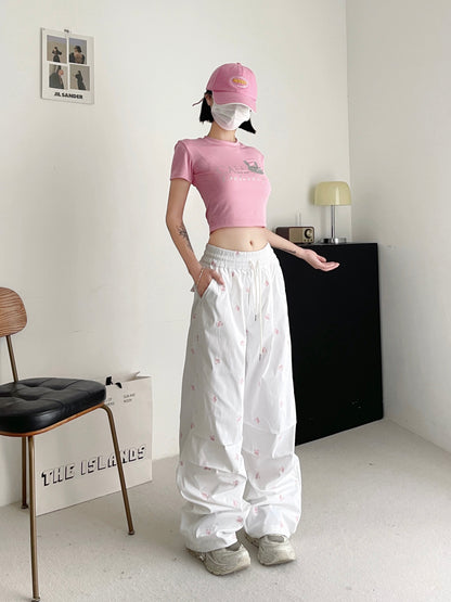 Korean retro butterfly embroidered trousers for women summer new niche design high waist slim casual wide leg straight pants