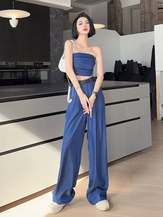 Light fabric-tone tall trousers, high-waisted, loose, thin, tube top, ice silk denim, drapey wide-leg pants, two-piece summer set