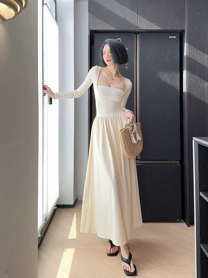 Light fabric tone tall man waist square neck long-sleeved fake two-piece dress Hepburn style black high-end long skirt