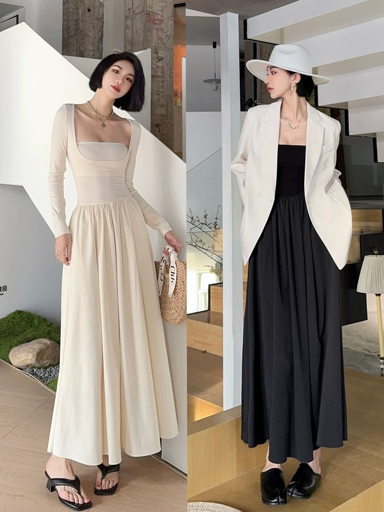 Light fabric tone tall man waist square neck long-sleeved fake two-piece dress Hepburn style black high-end long skirt