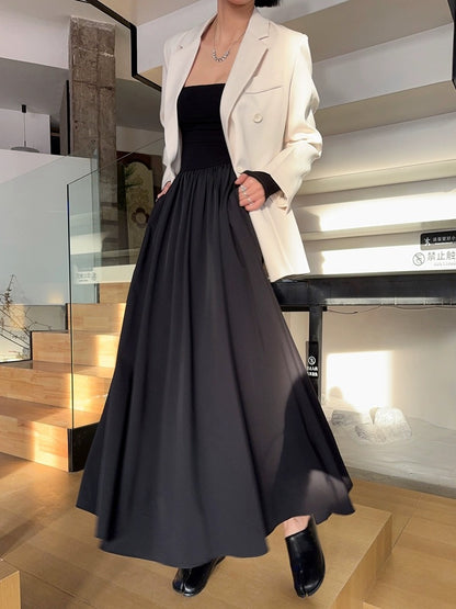 Light fabric tone tall man waist square neck long-sleeved fake two-piece dress Hepburn style black high-end long skirt