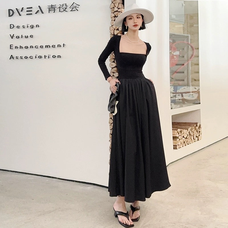 Light fabric tone tall man waist square neck long-sleeved fake two-piece dress Hepburn style black high-end long skirt