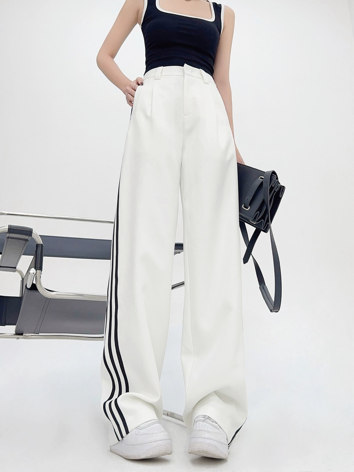 Light fabric tone taller lengthened trousers white loose floor mopping trousers contrast color straight narrow version slimming wide leg trousers women's trousers