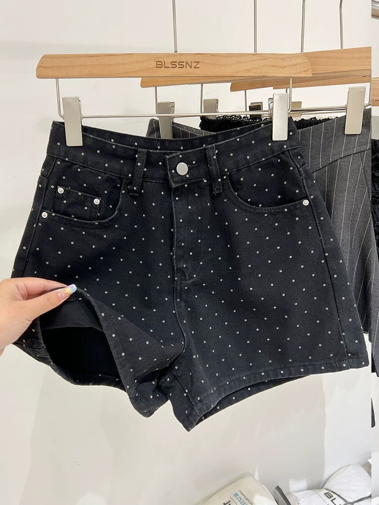 Black polka-dot denim shorts for women summer 2024 new style small high-waisted loose wide-leg hip-hugging hot pants