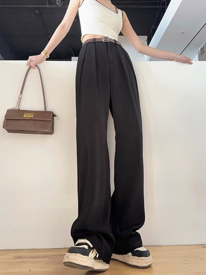 Light fabric tone tall trousers spring and autumn high waist slim loose gray suit floor-length drapey wide-leg trousers for women