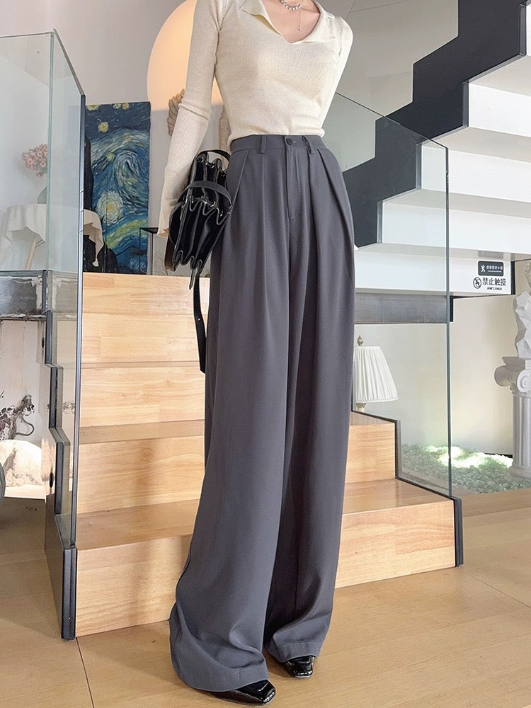 Light fabric tone tall trousers spring and autumn high waist slim loose gray suit floor-length drapey wide-leg trousers for women