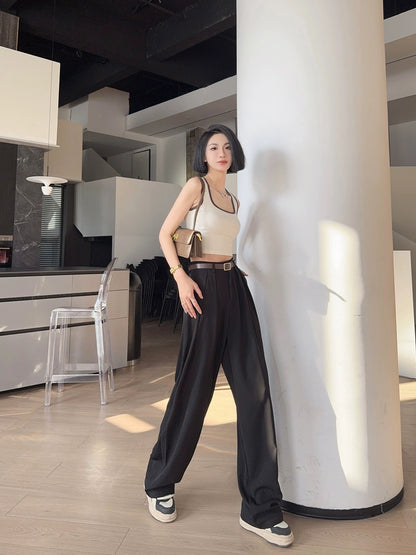 Light fabric tone tall trousers spring and autumn high waist slim loose gray suit floor-length drapey wide-leg trousers for women