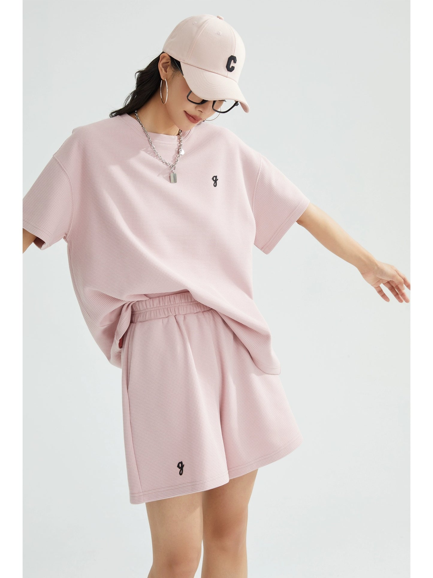 ZzZHANG【Versatile with Gentle Style】Textured Waffle Thin Round Neck Short Sleeve + Shorts Summer Suit