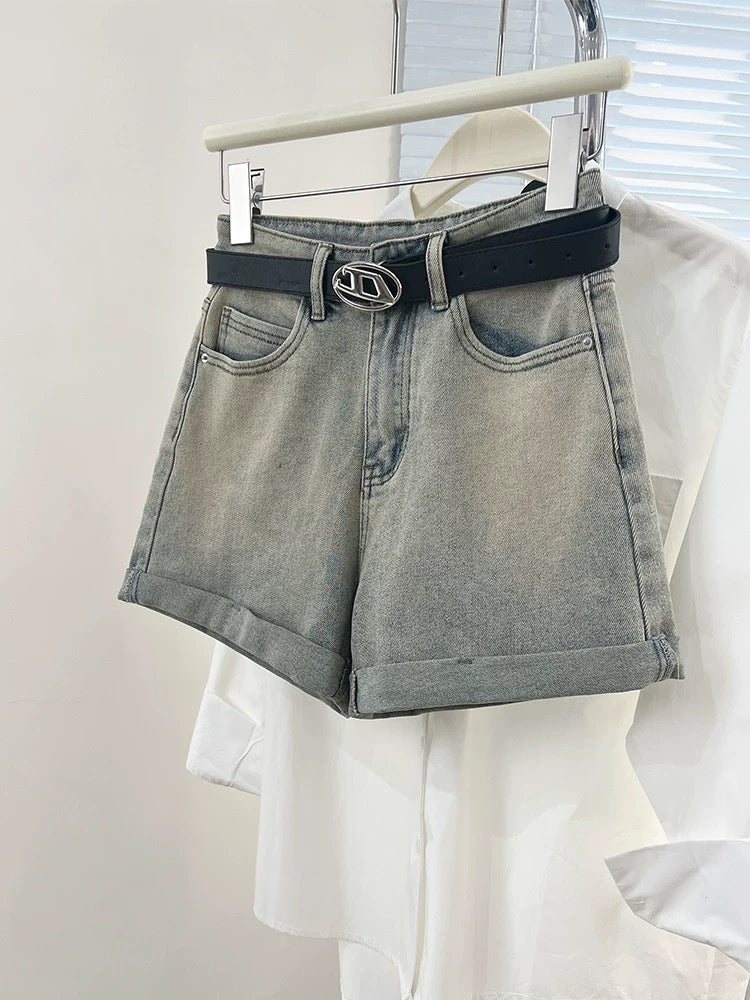 American retro washed denim shorts for women 2024 new summer loose wide-legged high-waisted a-line hot pants for hot girls