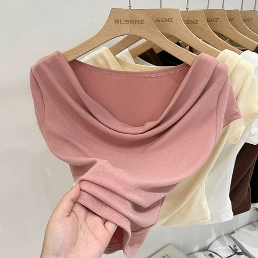 French swing collar yellow short-sleeved T-shirt for women summer 2024 new irregular off-shoulder short top half-sleeved T-shirt