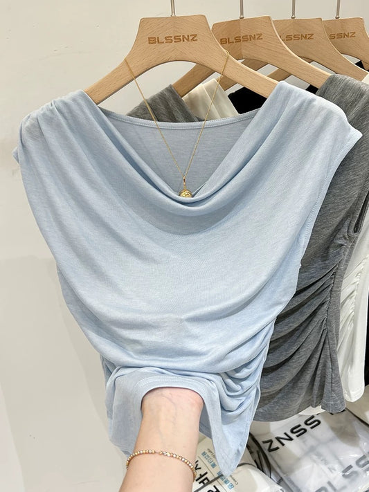 Blue Irregular Swing Collar Sleeveless T-Shirt Women's Slim Summer Design Niche Pleated Chic Top 2024 New Style