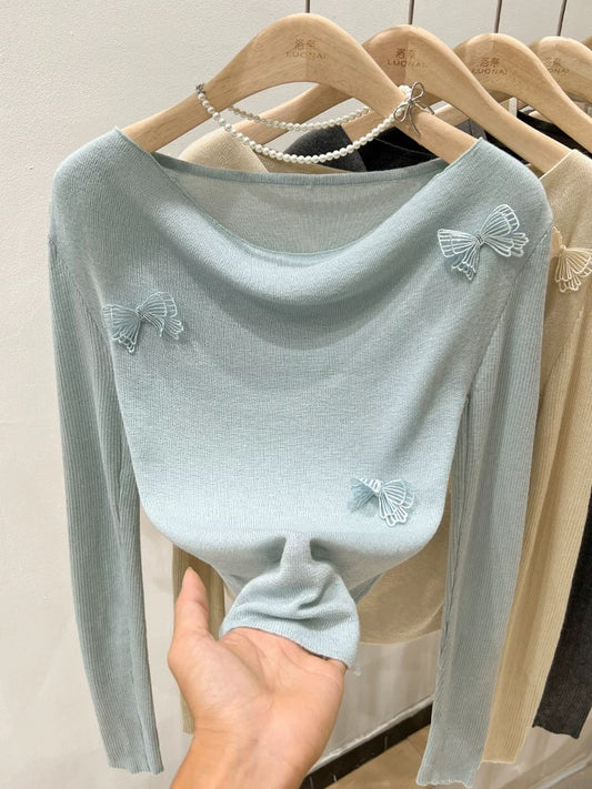 Blue Bow Swing Collar Sweater Women's Long Sleeve Spring and Autumn Off-Shoulder Off-Shoulder Cropped Tops and Bottoming Shirts