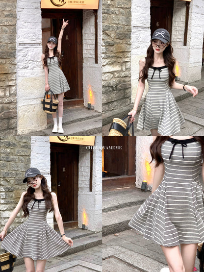 Q Women’s Home Sandwich Style/French Striped Knitted Sleeveless Dress 2024 Summer Summer Waist Slim Suspender Skirt for Women