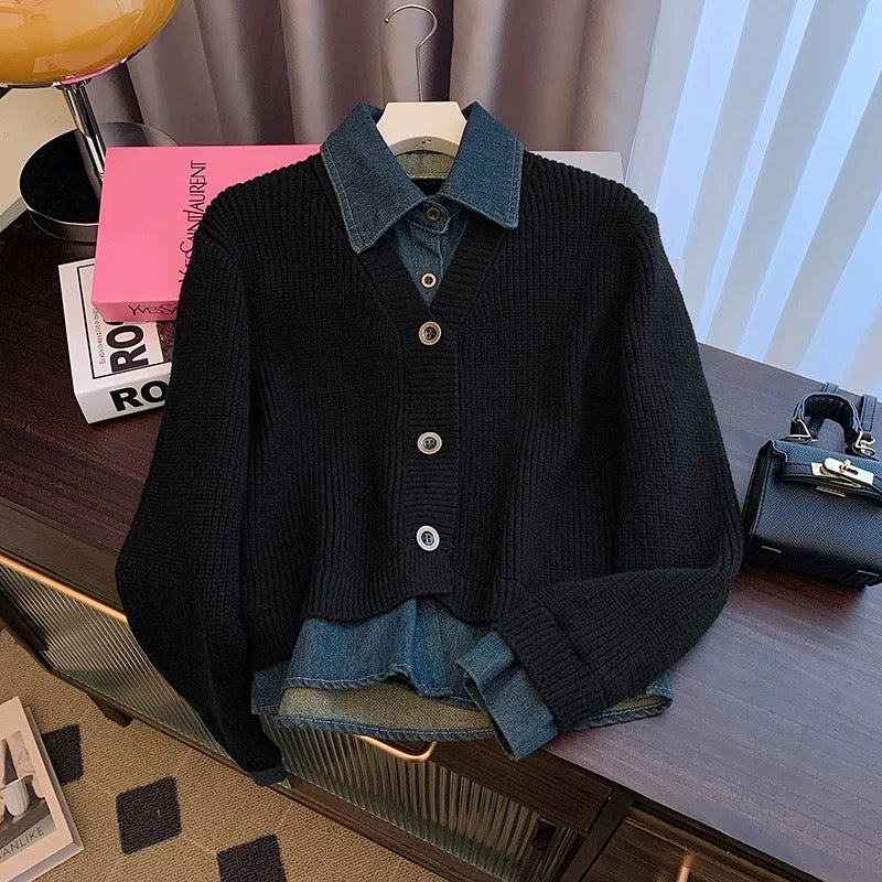 Hong Kong style retro fake two piece sweater cardigan for women autumn and winter design polo collar denim stitching lazy loose top