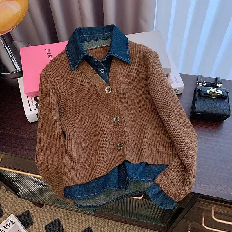 Hong Kong style retro fake two piece sweater cardigan for women autumn and winter design polo collar denim stitching lazy loose top