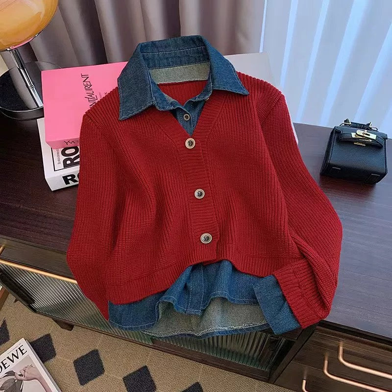 Hong Kong style retro fake two piece sweater cardigan for women autumn and winter design polo collar denim stitching lazy loose top