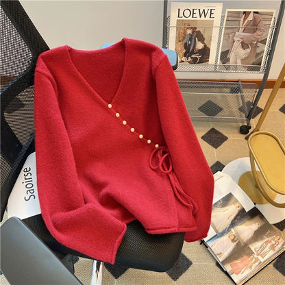 Nancy Cici’s reserved model recommendation~Irregular oblique button V-neck knitted jacket for women loose lace sweater cardigan