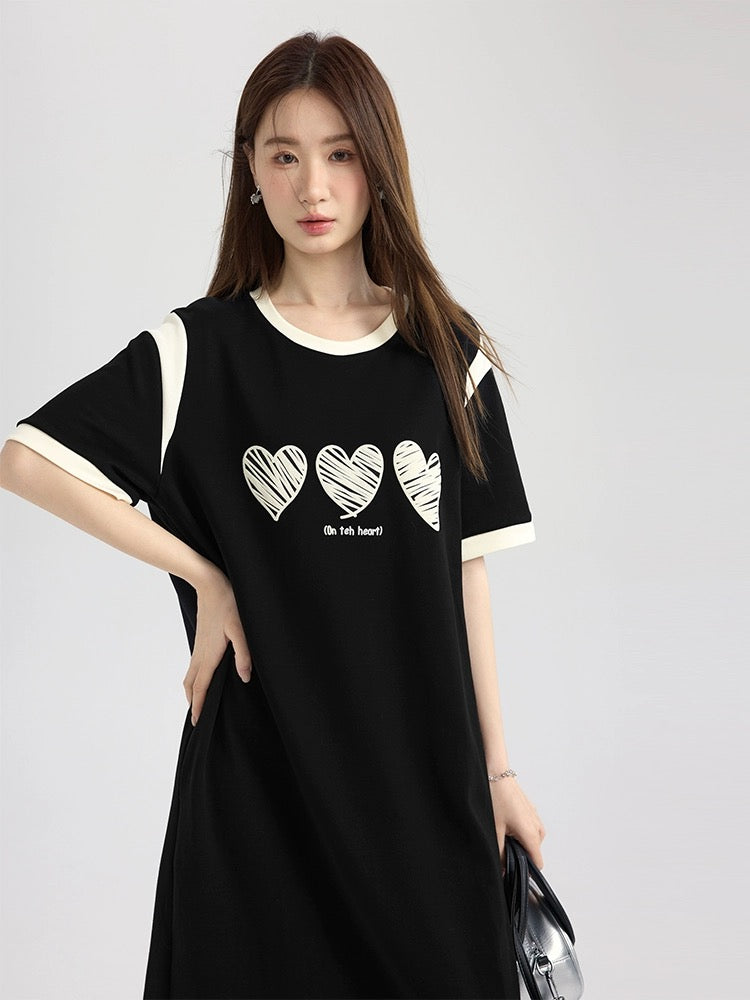 Love Rose Large Size Love T-shirt Skirt Medium Long Casual Skirt 2024 New Summer Slim Short Sleeve Dress for Women