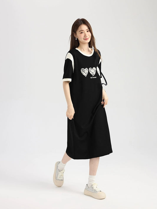 Love Rose Large Size Love T-shirt Skirt Medium Long Casual Skirt 2024 New Summer Slim Short Sleeve Dress for Women