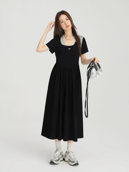 Aiqiangwei large size summer dress for fat mm, slim and beautiful halter neck dress, niche female short-sleeved black long dress