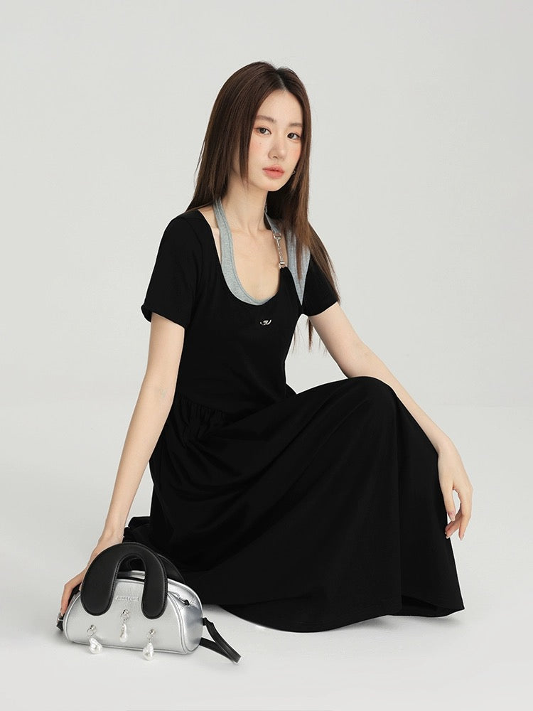 Aiqiangwei large size summer dress for fat mm, slim and beautiful halter neck dress, niche female short-sleeved black long dress