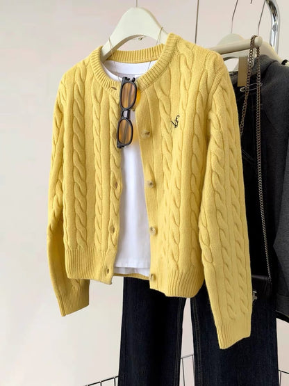 Yellow Twist Short Knitted Cardigan Women's Autumn Autumn Clothes Little Lazy Soft Waxy Wool Sweater Jacket Top