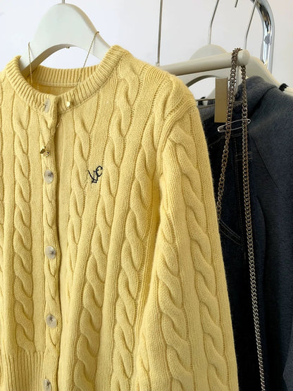 Yellow Twist Short Knitted Cardigan Women's Autumn Autumn Clothes Little Lazy Soft Waxy Wool Sweater Jacket Top