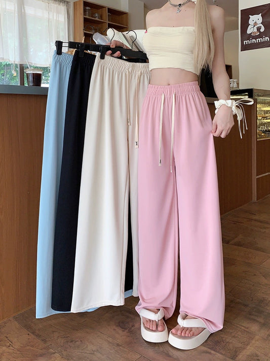 Drawstring drapey ice silk wide-leg pants for women 2024 new hot style small straight trousers floor mopping casual pants