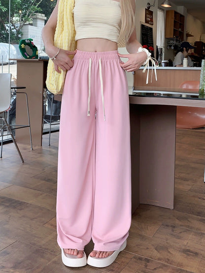 Drawstring drapey ice silk wide-leg pants for women 2024 new hot style small straight trousers floor mopping casual pants