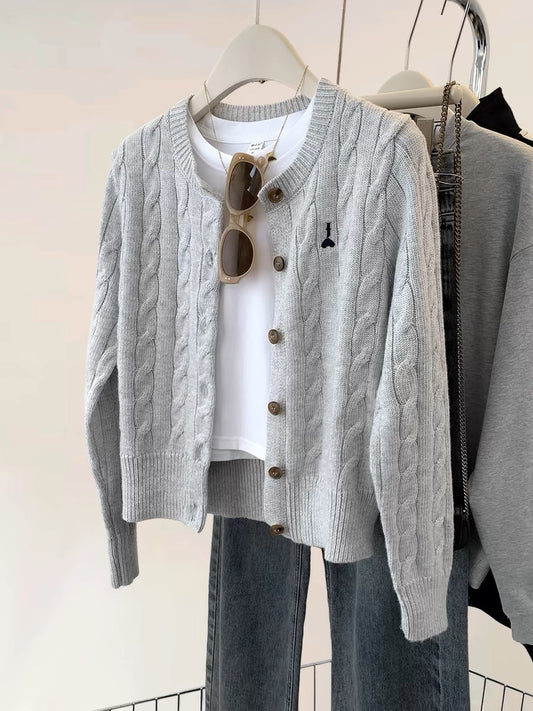 Gray twist embroidery short knitted cardigan for women spring and autumn autumn wool sweater lazy soft waxy sweater jacket top