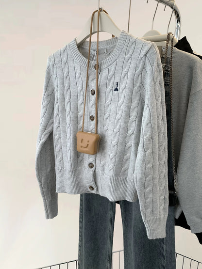 Gray twist embroidery short knitted cardigan for women spring and autumn autumn wool sweater lazy soft waxy sweater jacket top