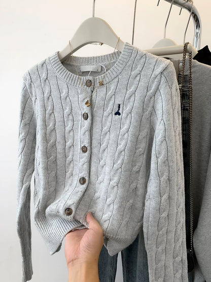 Gray twist embroidery short knitted cardigan for women spring and autumn autumn wool sweater lazy soft waxy sweater jacket top