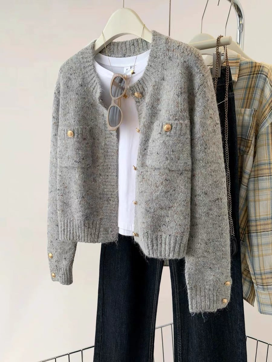 Xiaoxiangfeng Gray Cashmere Knitted Cardigan Women's Autumn Lazy Style Mohair Sweater Jacket Top Autumn and Winter