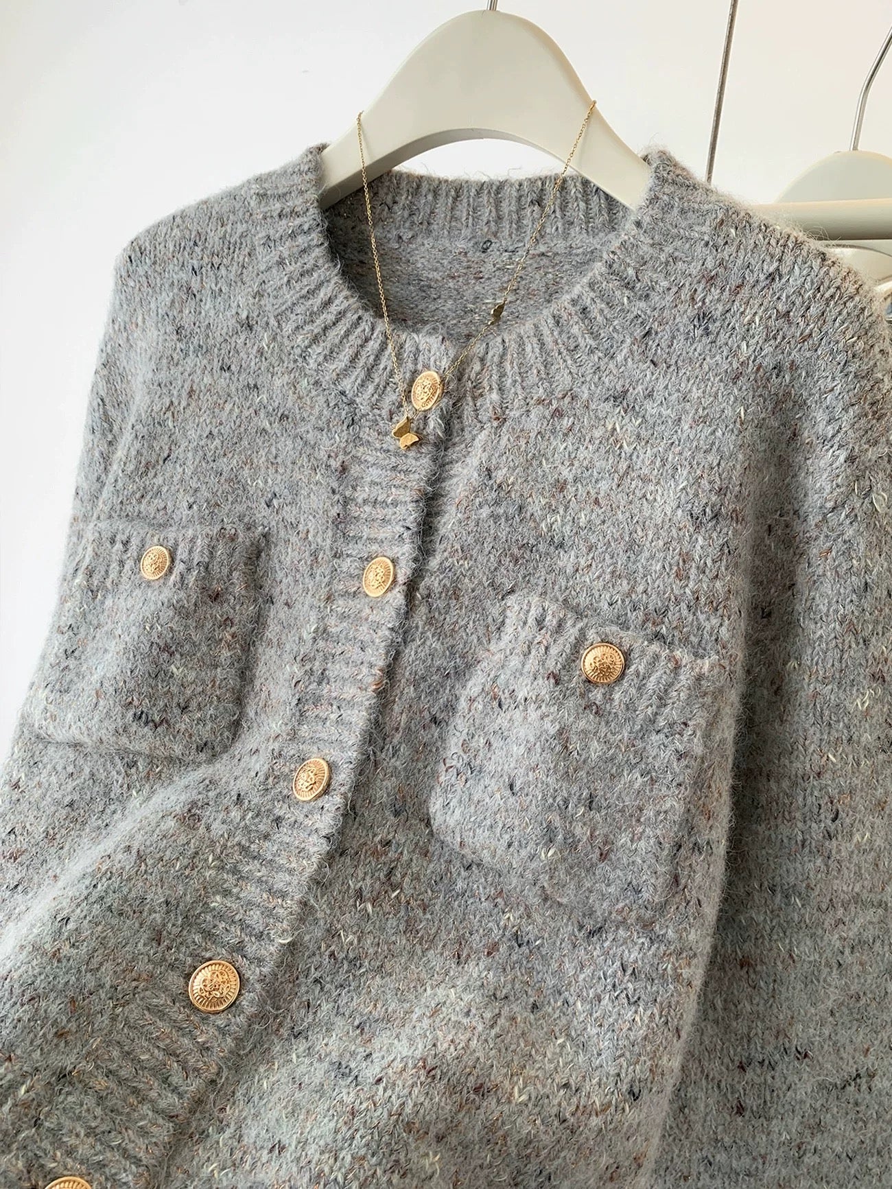 Xiaoxiangfeng Gray Cashmere Knitted Cardigan Women's Autumn Lazy Style Mohair Sweater Jacket Top Autumn and Winter