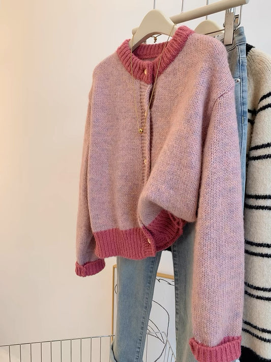 Xiaoxiangfeng pink sweater cardigan coat for women in autumn and winter thickened lazy style short knitted top for little people