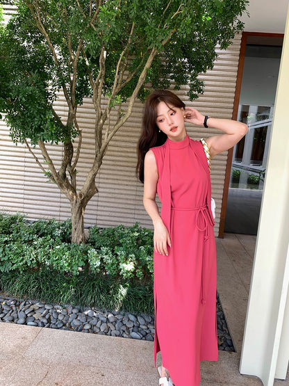 Syeee Pleated Sleeveless Dress Women's Summer 2023 New Simple Lace-up Waist Slim Slit Long Skirt