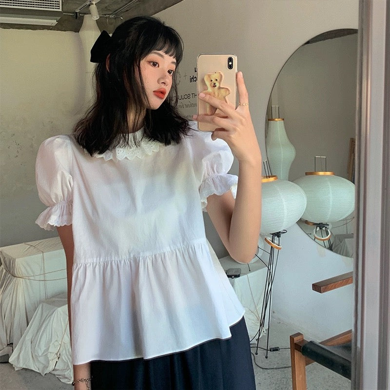 Zhang Zixuan CheriZ white doll collar short-sleeved shirt women's summer puff-sleeved short shirt niche design