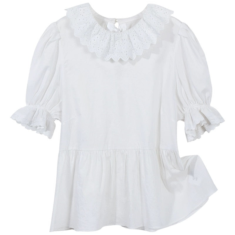 Zhang Zixuan CheriZ white doll collar short-sleeved shirt women's summer puff-sleeved short shirt niche design