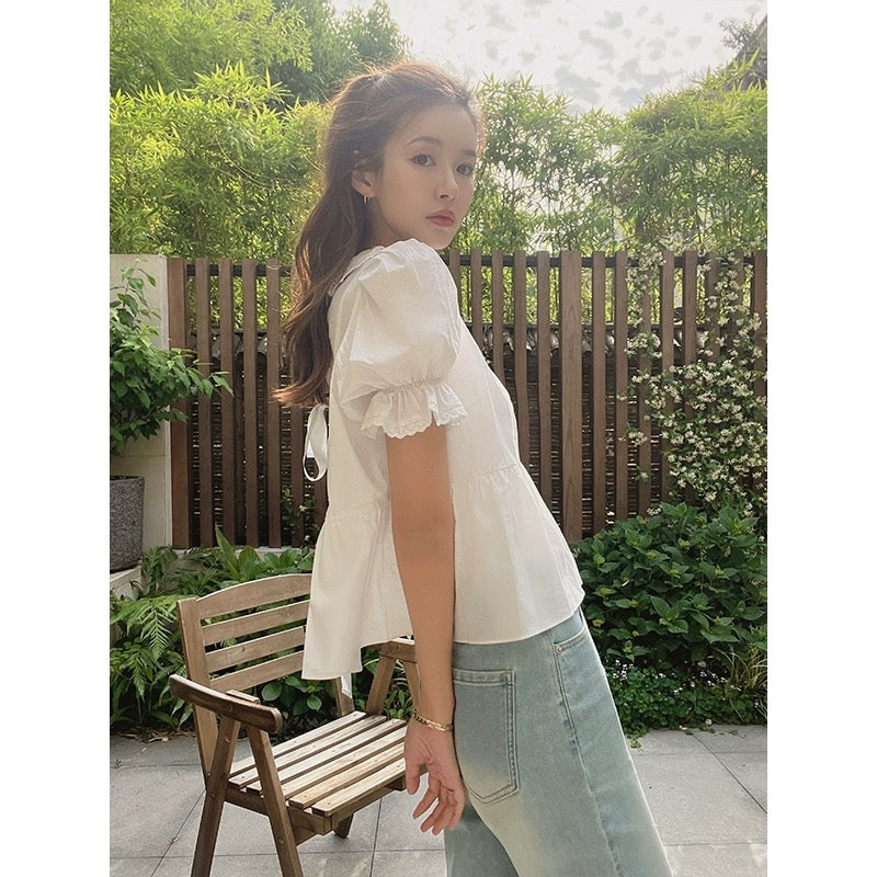 Zhang Zixuan CheriZ white doll collar short-sleeved shirt women's summer puff-sleeved short shirt niche design