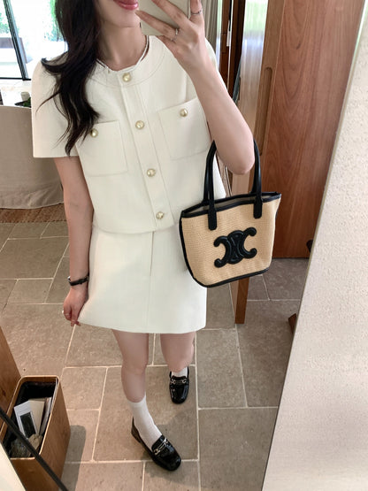 MULVAN high-end small fragrant short-sleeved jacket for women A-line skirt short top temperament new suit