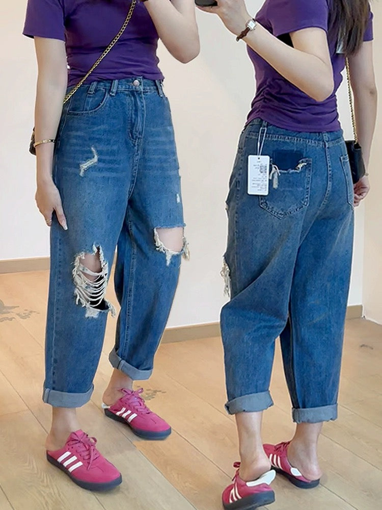 Ripped harem jeans for women in summer, thin, loose, slimming, large size, fat MM, pear-shaped body, versatile dad pants