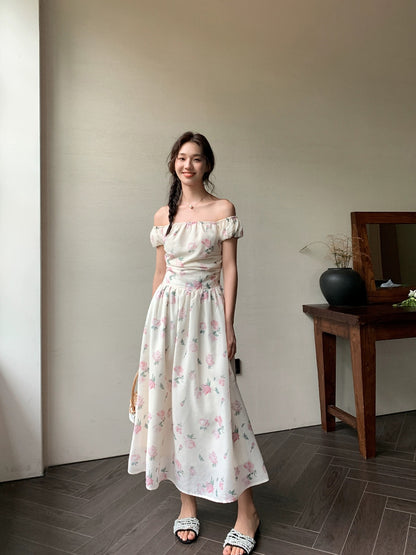 XXNING Pure desire and sweet temperament one-shoulder floral dress for women with cloud sleeves niche chic pleated long skirt