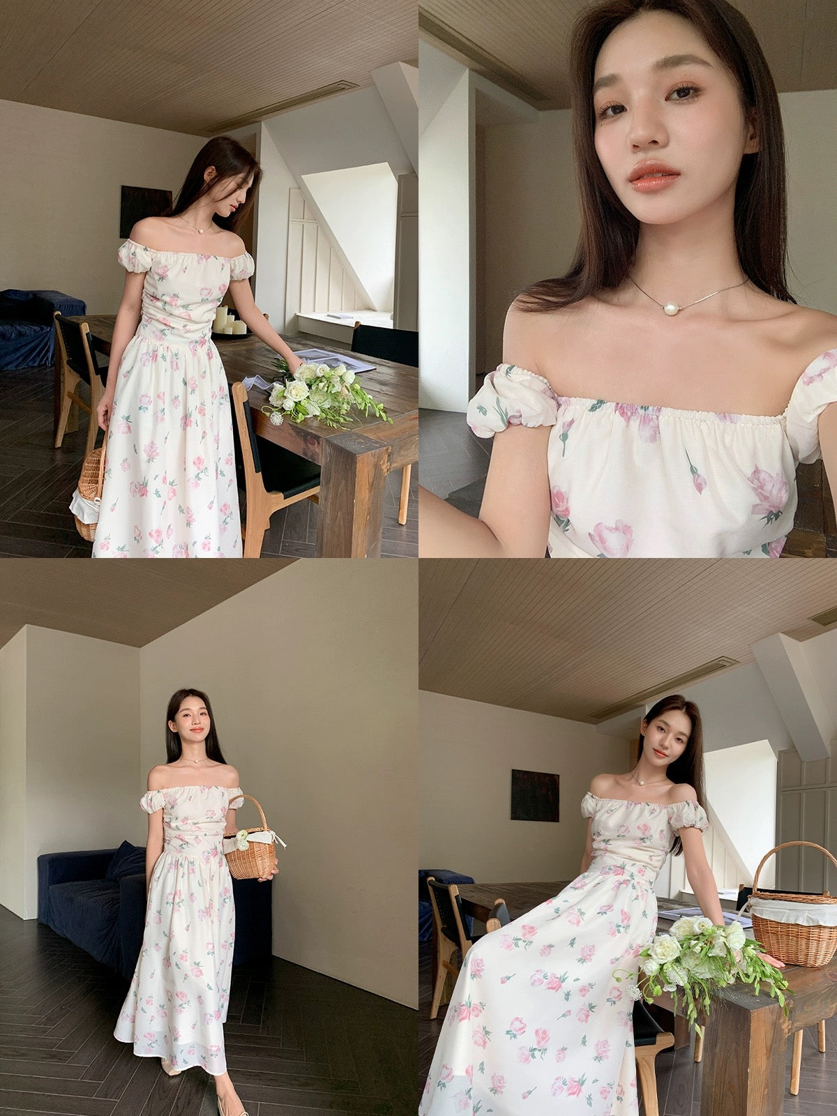 XXNING Pure desire and sweet temperament one-shoulder floral dress for women with cloud sleeves niche chic pleated long skirt