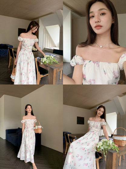 XXNING Pure desire and sweet temperament one-shoulder floral dress for women with cloud sleeves niche chic pleated long skirt