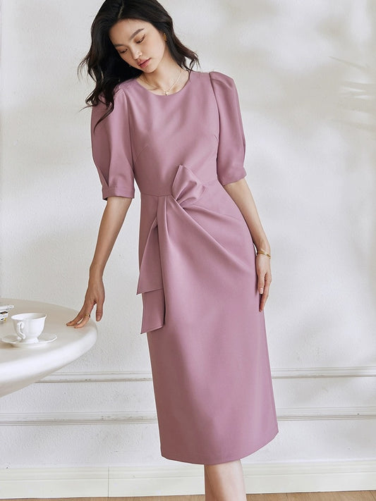 Luo Yi retro puff sleeve pleated dress 2024 summer new style temperament pink slim midi skirt 08189